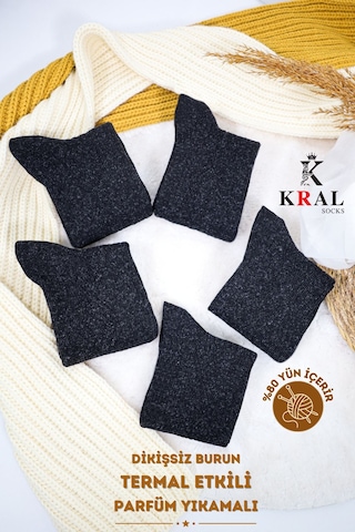 Kral Socks Erkek Kışlık Termal Etkili 5'li Paket Lambswool Kuzu Yün Çorap Siyah