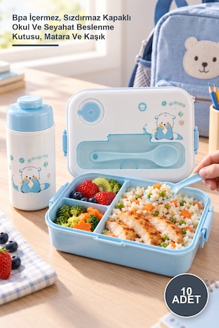 10 Adet Mataralı Kaşıklı Beslenme Kabı Seti Bpa İçermez, Sızdırmaz Kapaklı Okul Ve Seyahat Beslenme Kutusu, Matara Ve Kaşık Diğer