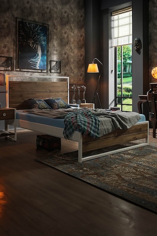 Ariane Ahşaplı Çift Kişilik Metal Karyola Beyaz Ahşap Latalı