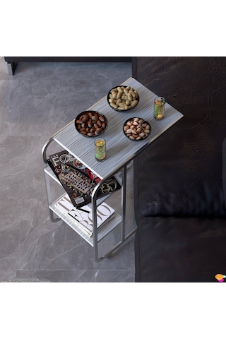 Modilayn C Yan Sehpa Dar Boy Tekerlekli Çalışma, Atıştırmalık, Yemek, Laptop Sehpası Beyaz Çizgili Beyaz