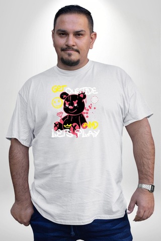 Angemiel Dışarı Çık Ve Oynayalım Teddy Beyaz Büyük Beden Kadın Erkek Ünisex Basic Ön Baskılı Tişört Beyaz