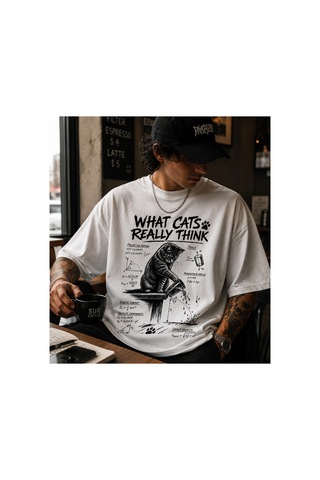 Qmen Style Unisex Beyaz Oversize Baskılı T-shirt Uzman Kedi Dolar %100 Pamuk