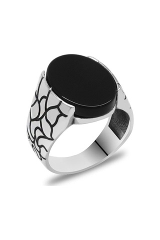 Oval Oniks Taşlı Delta Tasarım 925 Ayar Gümüş Erkek Yüzük (528143130)