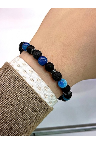 Nursaat 3'lü Doğal Taş Unisex Tılsım Bilekliği Azurit,Hematit, Kristal Kuvars Taşı Doğaltaş Bileklik Çok Renkli