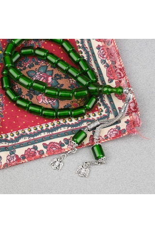 Ateş Kehribar Alpaka Püsküllü Kapsül Kesim 9x12mm Tesbih - Şeffaf Yeşil