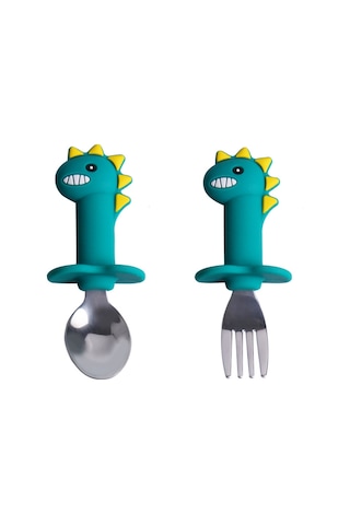 Neevoyu Küçük Çocuklar İçin Yumuşak Silikon Dinozor Şekilli Yemek Kaşığı Ve Çatal Seti - Yeşil Kısa Saplı, Toksiksiz Ve Dayanıklı, Ev Kullanıma Uygun