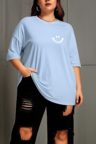 Benroma Büyük Beden Gülücük Baskılı Unisex Tişört Bebe Mavisi