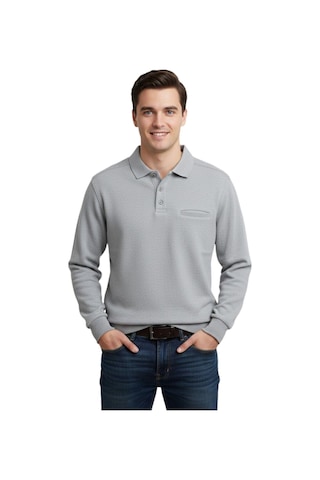 Baglan Erkek Büyük Beden Polo Yaka Cepli Selanik Sweatshirt Bgl-st04978 Açık Gri Melanj