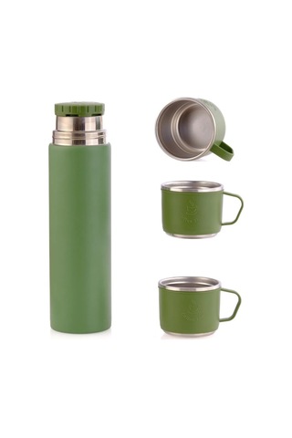 304 Paslanmaz Çelik 3 Bardaklı Termos Seti Çay Kahve Piknik Kamp Yeşil Yeşil