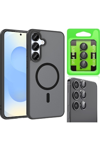 Vendas Samsung Galaxy Uyumlu S25 Plus Kılıf M-safe Şarj Özellikli Zore Babet Kapak + Kamera Lens Koruyucu Siyah