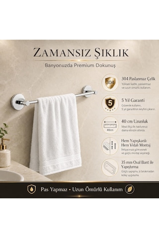 Alper Banyo 304 Paslanmaz Çelik Havlu Askısı 40 Cm, Parlak Krom Kaplama, Yapışkanlı Ve Vidalı Montaj, Banyo Akses Çok Renkli