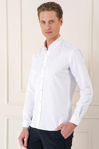 Efor Slim Fit Düğmeli Yaka Dokulu Pamuklu Klasik Beyaz Gömlek Gk 717 Beyaz