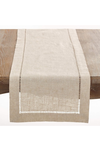 Saro Lıfestyle Polyester Ve Keten Karışımı Hemstitch Kenarlı Masa Örtüsü, Doğal, 40,64 Cm X 304,8 Cm Acı Kahverengi