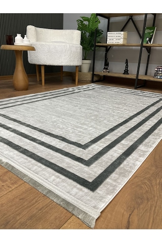 Saraz Halı Çerçeve Model Bambu Yıkanabilir Parlak Halı Gri Çizgi Gri-gri
