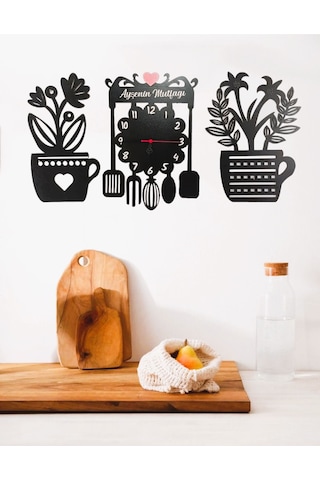 Mutfak Duvar Saati 3lü Set Kişiye Özel İsimli Siyah