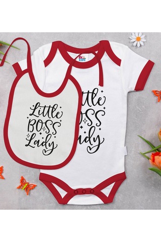 Bk Gift Bk Kids Little Boss Lady Tasarımlı Kırmızı Bebek Body Zıbın Ve Mama Önlüğü Hediye Seti-1 Çok Renkli