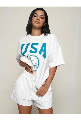 Usa Basketball T-shirt Şort - Beyaz Alt Üst Kombin Şort Tişört Takım Baskılı Oversize Bisiklet Yaka Beyaz