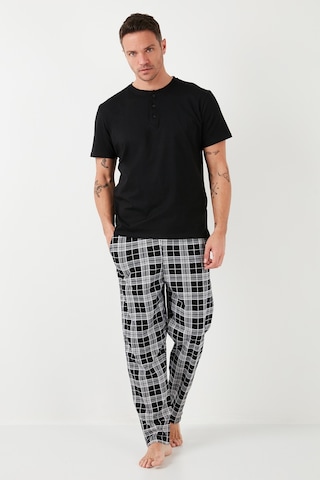 Buratti Ekoseli Pamuklu Beli Lastikli Regular Fit Kısa Kollu Erkek Pijama Takımı 6572004 Siyah
