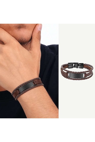 Tesbihane Minimal Tasarım Kahverengi Deri & Siyah Plaka Kişiye Özel İsim Harf Yazılı Bileklik Kahverengi