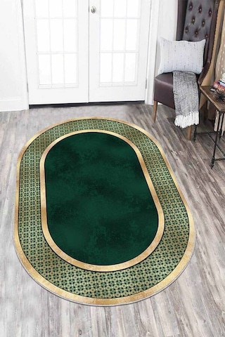 Yeşil Gold Çerçeveli Kaymaz Tabanlı Antre Halısı Oval Ar731n11 Yeşil - Gold