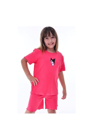 Ribana Beybi Overlok Detaylı Kuromi Nakışlı Alt-üst Takım Fuşya