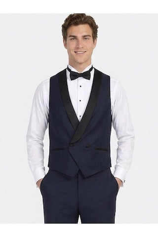 Saks Fitted Fit Şal Yaka Klasik Yelek Saks