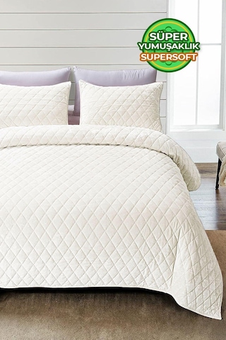 Evlen Home Kapitone Kadife Yatak Örtüsü Seti Çift Kişilik Supersoft 3 Parça Yumuşak Elyaf Dolgulu Krem Krem