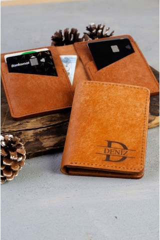 Quska Kişiye Özel İsimli El Yapımı Hakiki Deri Taba Cüzdan Tip Kartlık+anahtarlık Set- Grain Slim Taba