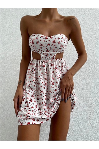 Straplez Elbise Baskılı Beyaz