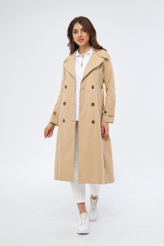 %100 Pamuk Ekstra Uzun 120cm Kruvaze Kadın Trençkot 1121 Açık Bej
