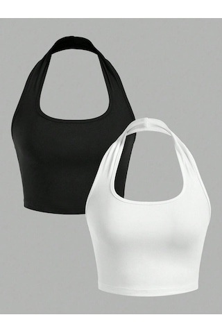 2'li Paket Kare Yaka Siyah Ve Beyaz Renk Boyun Askılı Crop Top Bluz
