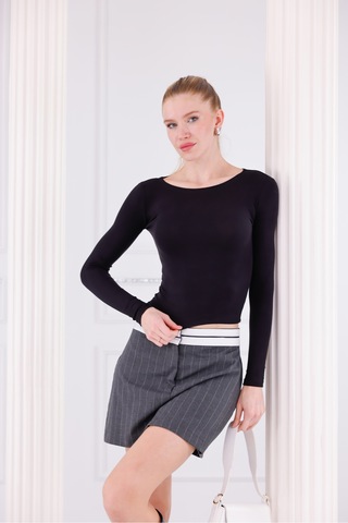 Buzzy Kumaş Uzun Kollu Kayık Yaka Bluz Siyah