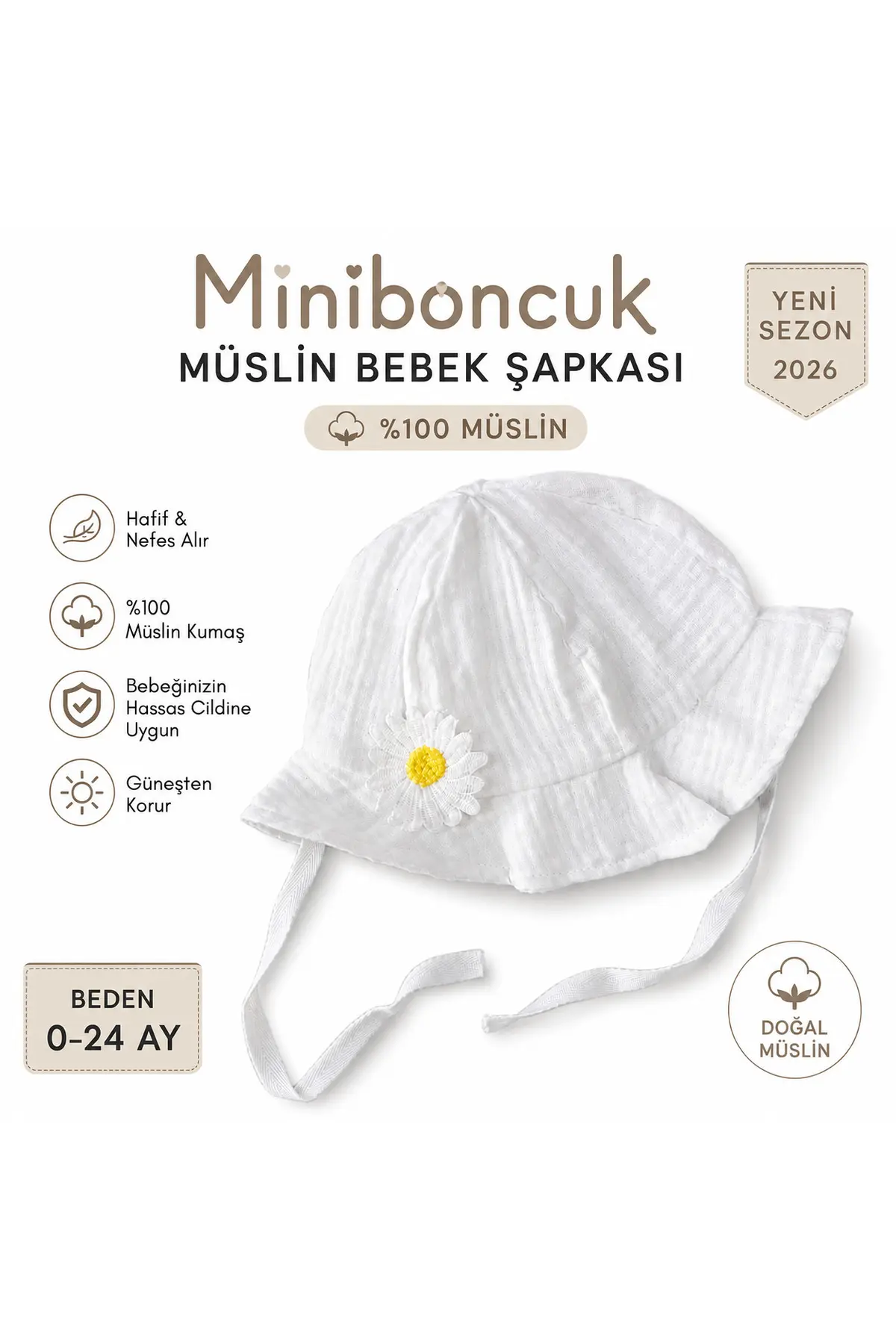Mini Boncuk Beyaz Müslin Sarı Papatya Detaylı Güneş Şapkası