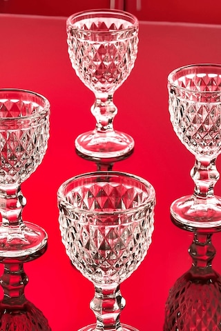 6 Lı Elmas Kesim Desenli Ayaklı Cam Kahve Yanı Bardak Seti Şık Sofra Sunumu Ve Zarif Tasarım Şeffaf