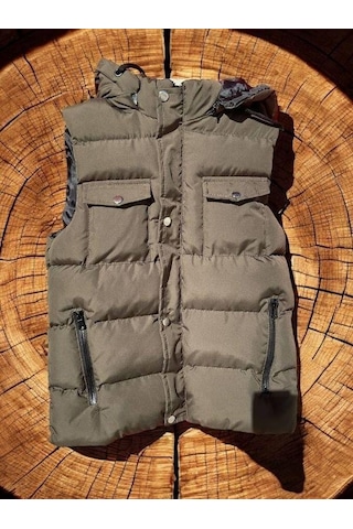 Çocuk Kapüşonlu Cep Detaylı Şişme Kalın Yelek-15008 Haki