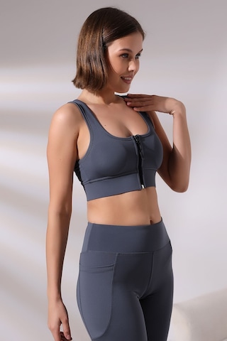 EMFURE Füme Fermuarlı Spor Büstiyer - Sports Bra / Crop Destekli Spor Sütyeni Füme