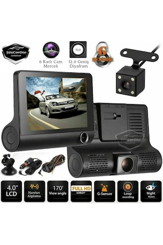 3 Kameralı Kayıt Cihazı İç Ön Arka Geri Görüş Kameralı 4.0" 1080p Full Hd Kayıt Çarpışma Algılayıcı Sensörlü Gece Görüşlü Park Sensörü Sesli Yol Kayıt 00 Şüscaroto Aksesuar
