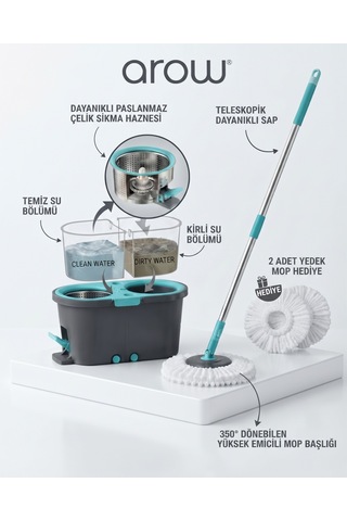 Arow Master Clean Çift Hazneli Spin Mop Seti 2 Adet Mikrofiber Paspas Hediyeli