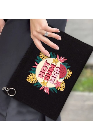 Bk Gift Yaz Temalı-8 Astarlı Siyah Portföy Çanta 30x21cm, Baskılı El Çantası, Organizer Çanta