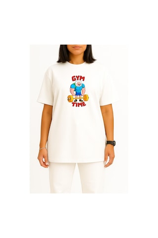 Bahriyeli Collection Oversize Adventure Time Gym Fitness Göğüs Baskılı Unisex T-shirt Beyaz