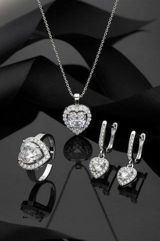 925 Ayar Zirkon Taşlı Rodyum Pırlanta Işıltılı Kalp 3'lü Gümüş Set-takım Ayarlanabilir Rs10051 Gümüş