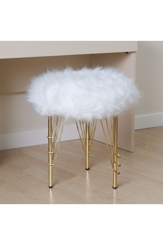 Beyaz Peluş Puf Tabure, Gold Renk Metal Ayaklı Yumuşak Oturma Pufu 38x37 Cm - Yatak Odası, Salon Pufu Beyaz