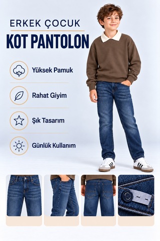 Ahengim Erkek Çocuk Desenli Kot Pantolon Düz Paça Jean Ak140493 Koyumavi