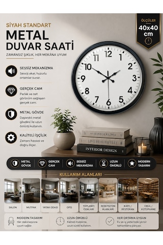 40 Cm Siyah Metal Standart Duvar Saati Standart Metal Siyah Kadran Pl-4001b