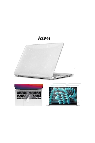 Apple Uyumlu MacBook Air 15 Inç M2 Çip A2941 Tam Alt Üst Kılıf + Klavye Kılıfı + Ekran Koruyucu Film Simli