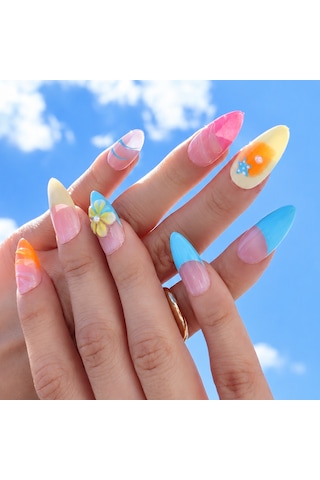 Takma Tırnak Renkli Nail Art Uzun Badem - 10'lu Tekrar Kullanılabilir El Yapımı Protez Takma Tırnak Eubd3043 M