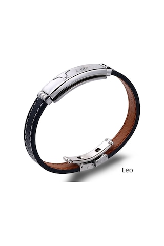 Tesbihane Deri&Çelik Kombinli Kişiye Özel İsim Harf/Yazılı Aslan Burcu Erkek Bileklik Gümüş