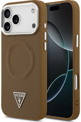 Apple Uyumlu iPhone 17 Pro Kılıf Guess Lisanslı M-safeli Pu Deri Metal Kamera Çerçeve Üçgen Logo Kapak Kahverengi Kahverengi