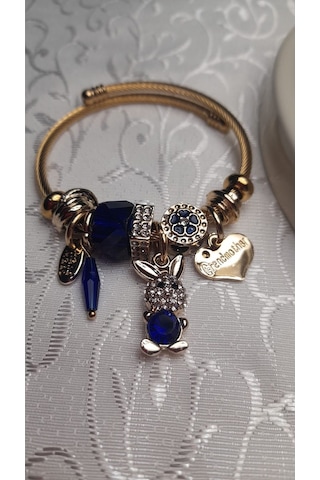 Uzel Çelik Bileklik Sarı Gold Model Kalpli Tavşan Charmlı Mavi