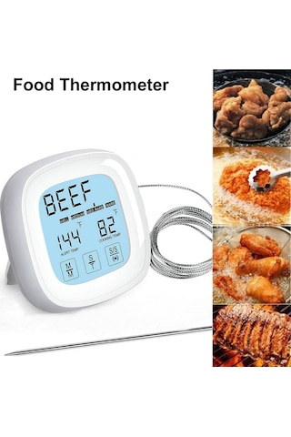 Yaleker Beyaz Dokunmatik Ekranlı Mutfak Termometresi - Isı Ölçer, Zamanlayıcı, Su Geçirmez Prob Sn124 - Pil Dahil Değil